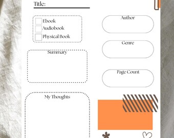 Reseña de libro imprimible, diseño de reseña de libro naranja, descarga instantánea de reseña de libro en PDF, hoja de trabajo de registro de libros
