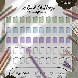 Può includere: Tracker di lettura stampabile con il testo "50 Book Challenge". Il grafico presenta file di contorni di libri, alcuni colorati in verde, blu e viola. Include matite, una penna, occhiali e un telefono. Sono visibili anche le parole "Download istantaneo".
