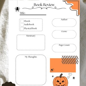 Könnte beinhalten: Ein druckbares PDF-Buchjournal mit Halloween-Thema. Das Design umfasst Bereiche für Titel, Autor, Genre und Zusammenfassung. Ein Kürbis und Spinnengrafiken schmücken die Seite. Der Text "Book Review" und "Instant Download" sind ebenfalls sichtbar.
