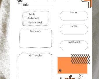 Página de diario de Halloween (PDF imprimible, descarga instantánea), página de reseña de libro de Halloween, diseño de calabaza naranja