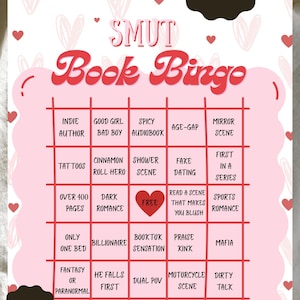 Könnte beinhalten: Ein rosa-rotes "Smut Book Bingo" druckbares PDF mit Bingo-Feldern mit Roman-Tropen. Enthält Texte wie "Indie Author", "Good Girl" und "Mafia". Enthält den Text "Instant Download" und "Free".