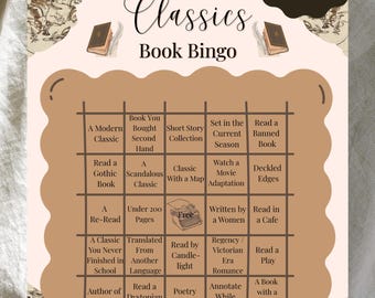 Bingo de libros de Dark Academia, desafío de lectura imprimible, juego de clásicos literarios, estética literaria, juego de diario digital de libros TBR
