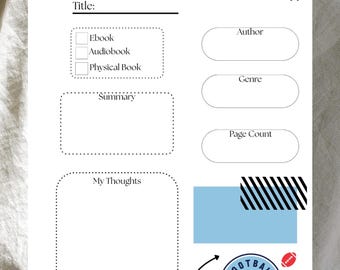 Reseña de libros en PDF imprimible, registro de lectura, diario de lectura, seguimiento de lectura, descarga instantánea, regalo para amantes de los libros, diario de lectura de romance deportivo en PDF