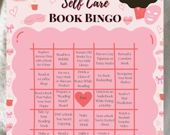 Libro de seguimiento de autocuidado estético, tablero de bingo rosa, actividad de bienestar para lectores, reto de lectura consciente (PDF)