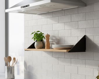 Schwebendes Regal mit Metall Halterungen, Industrie Holz Wandregal