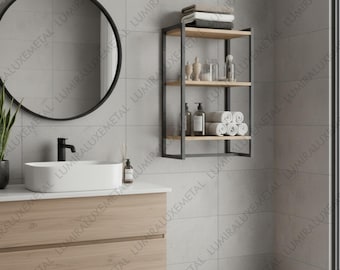 Modern Rustic Metal & Wood Bathroom Shelf – Wall Mounted Towel Rack