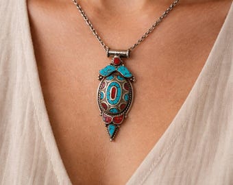 Tibetan Turquoise & Coral Pendant Necklace