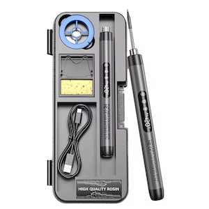 May include: A grey portable soldering iron kit with a black USB cable. The kit includes a soldering iron, a stand, a sponge, and a spool of solder. The text "420°F" is visible on the soldering iron.