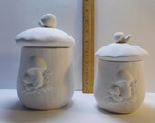 Handmade unpainted ceramic bisque ware Set of 2 Retro Mushroom Canisters.