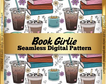 Iced Coffee & Book Lover Seamless Pattern, Printable Sublimation Design