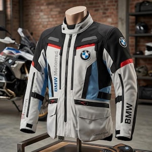 Könnte beinhalten: Motorradjacke in Grau, Schwarz und Blau mit roten Akzenten. Die Jacke trägt das BMW-Logo auf Brust und Ärmel, und die Worte "BMW Motorrad" sind auf der Vorderseite aufgedruckt. Sie hat mehrere Taschen und einen Reißverschluss.
