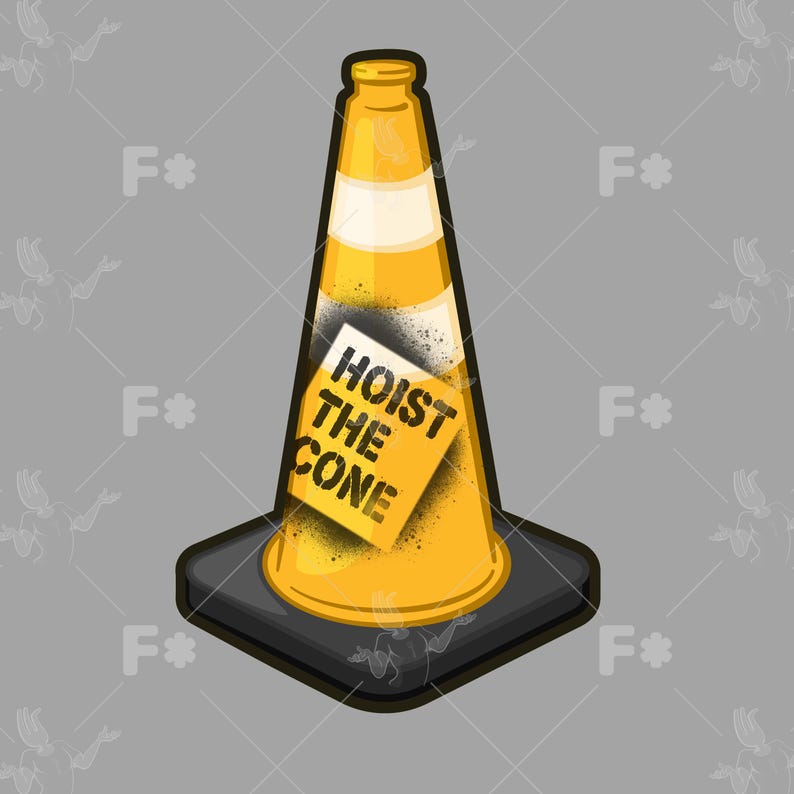 May include: A yellow traffic cone with a white horizontal stripe and a black square base. A yellow square label is attached to the center of the cone, featuring the black text "HOIST THE CONE" with a distressed, spray-painted black border effect.