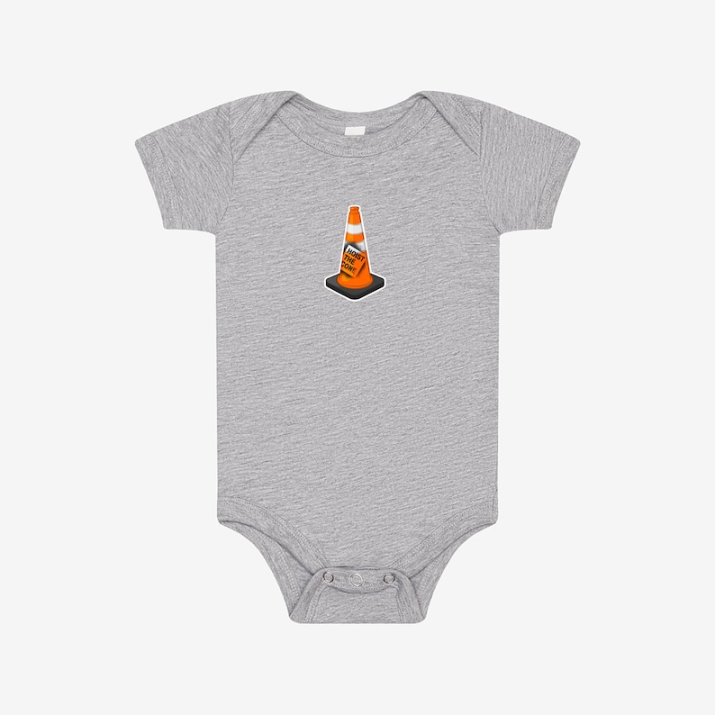 May include: A heather gray short-sleeve baby bodysuit featuring a centered graphic of an orange traffic cone with a black base. The cone has a white horizontal stripe and black text that reads HOIST THE CONE printed on its side.