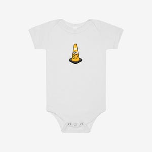 May include: A white short-sleeved baby bodysuit featuring a centered graphic of an orange and yellow traffic cone with a black base. The cone has a small white rectangular label printed with the black text Hoist The Cone in the center.