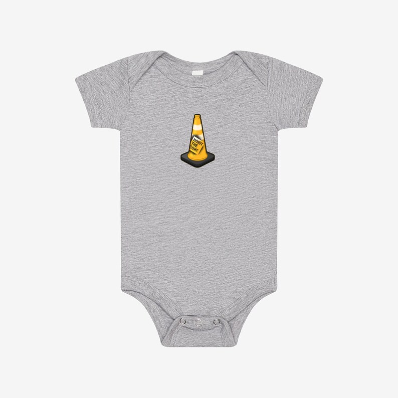 May include: A heather gray short-sleeve baby bodysuit featuring a centered graphic of an orange and yellow traffic cone with a black base. The cone has a small white sign attached to its side with the black text "HOIST THE CONE" printed on it.