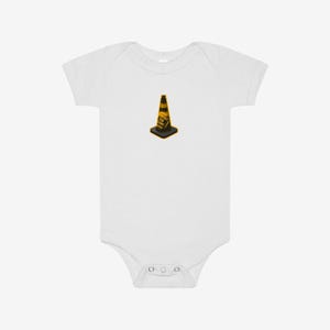 May include: A white short-sleeved baby bodysuit featuring a centered graphic of a yellow and black traffic cone. The cone has the text HOIST THE CORE printed in black letters on its side. The garment has a round neckline and snap closures.