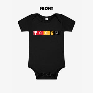 May include: Black baby bodysuit featuring the word "POOP" in colourful block letters. The word "END" and the number "2nd" are printed on the right side. The bodysuit has short sleeves and poppers at the bottom.