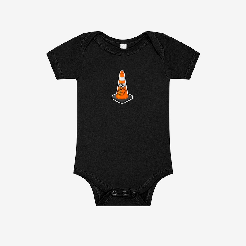 May include: A black short-sleeved baby bodysuit featuring a centered graphic of an orange traffic cone with a white reflective stripe. The cone has the text "HOIST THE CONE" printed in black letters on its side, set against a dark background.