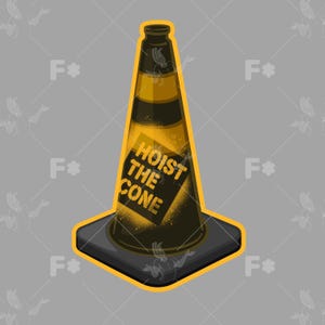 May include: A traffic cone sticker with a black and yellow color scheme. The cone features a square graphic panel on the front with the text HOIST THE CONE printed in bold yellow letters. The design has a thick yellow outline and a square base.