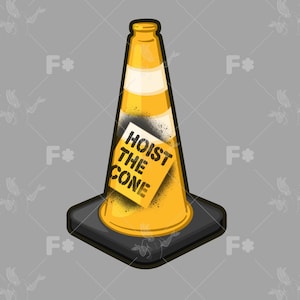 K&ouml;nnte beinhalten: Ein gelber Verkehrskegel mit einem wei&szlig;en horizontalen Streifen und einem schwarzen quadratischen Fu&szlig;. Ein gelbes quadratisches Etikett ist in der Mitte des Kegels angebracht und zeigt den schwarzen Text "HOIST THE CONE" mit einem Spr&uuml;hfarbeneffekt.