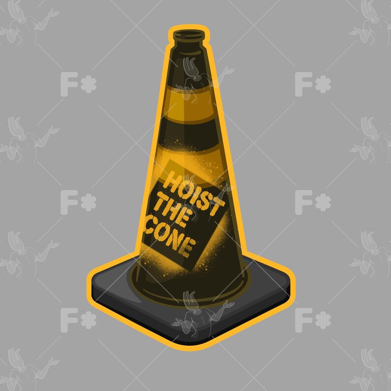 K&ouml;nnte beinhalten: Ein Pylonen-Aufkleber in Schwarz und Gelb. Der Pylon zeigt auf der Vorderseite ein quadratisches Grafikfeld mit dem Text HOIST THE CONE in fetten gelben Buchstaben. Das Design hat eine dicke gelbe Umrandung und einen quadratischen Sockel.