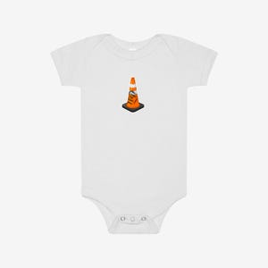 May include: A white short-sleeved baby bodysuit featuring a centered graphic of an orange traffic cone with a black base. The cone has a white horizontal stripe and a small rectangular sign attached to the front with the text HOIST THE CONE.