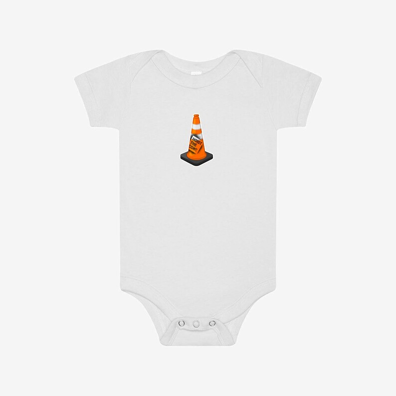 May include: A white short-sleeved baby bodysuit featuring a centered graphic of an orange traffic cone with a black base. The cone has a white horizontal stripe and a small rectangular sign attached to the front with the text HOIST THE CONE.