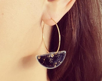 Gold galaxy on midnight blue half moon porcelain earrings on hoops