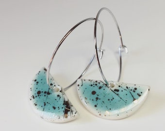 Ceramic silver and jade moon porcelain hoop earrings
