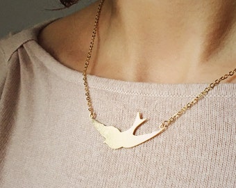 Flying swallow bird necklace in gold or silver
