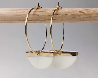 Ceramic gold and white half moon porcelain earring hoops