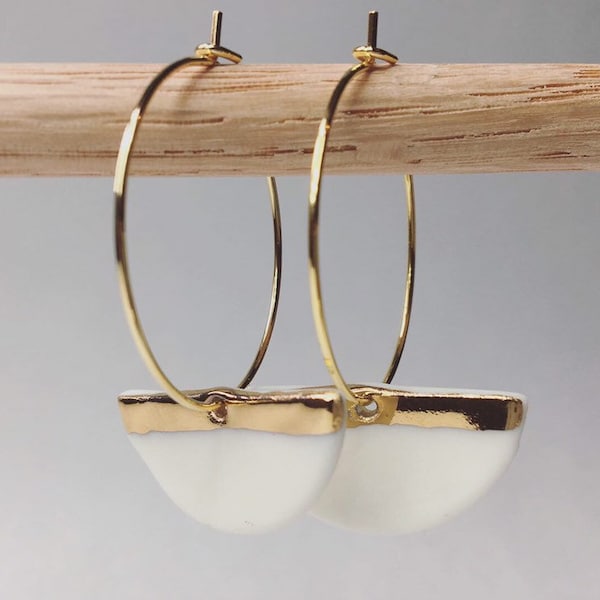 Ceramic gold and white half moon porcelain earring hoops