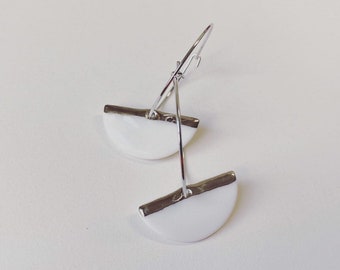 Silver bar white porcelain half moon earring on hoops