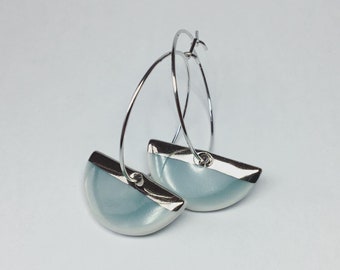 Silver bar and slate grey half moon porcelain earrings on silver hoops