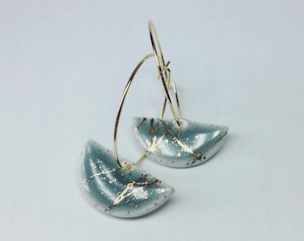 Gold galaxy and slate grey porcelain earrings on gold hoops