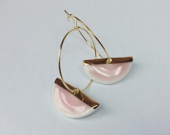 Gold bar & cherry blossom pink ceramic half moon porcelain earring hoops