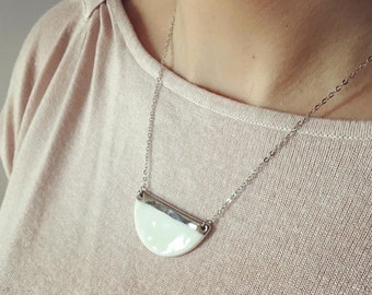 Silver bar half moon on white porcelain necklace