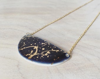 Gold galaxy on midnight blue half moon porcelain necklace
