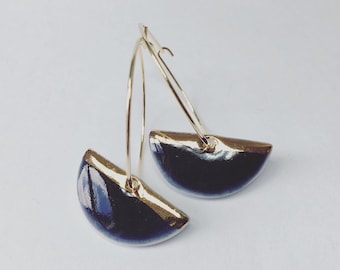 Gold bar and midnight blue half moon porcelain earring on hoops