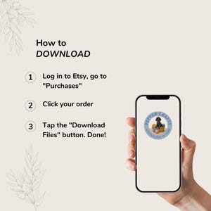 May include: A smartphone displaying a logo with a black dog in a basket of yarn. Text on the screen reads "How to DOWNLOAD" with numbered steps for downloading files from Etsy: Log in, click order, and tap the download button.