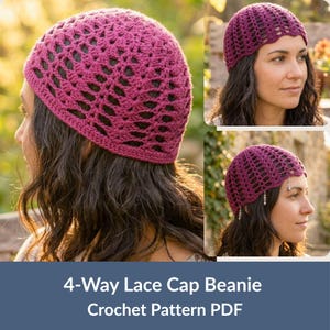 May include: A deep magenta crochet beanie featuring an openwork lace pattern with a scalloped edge. The cap is shown in three views, including one with small silver charms hanging from the lower edge. The text reads 4-Way Lace Cap Beanie Crochet Pattern PDF.