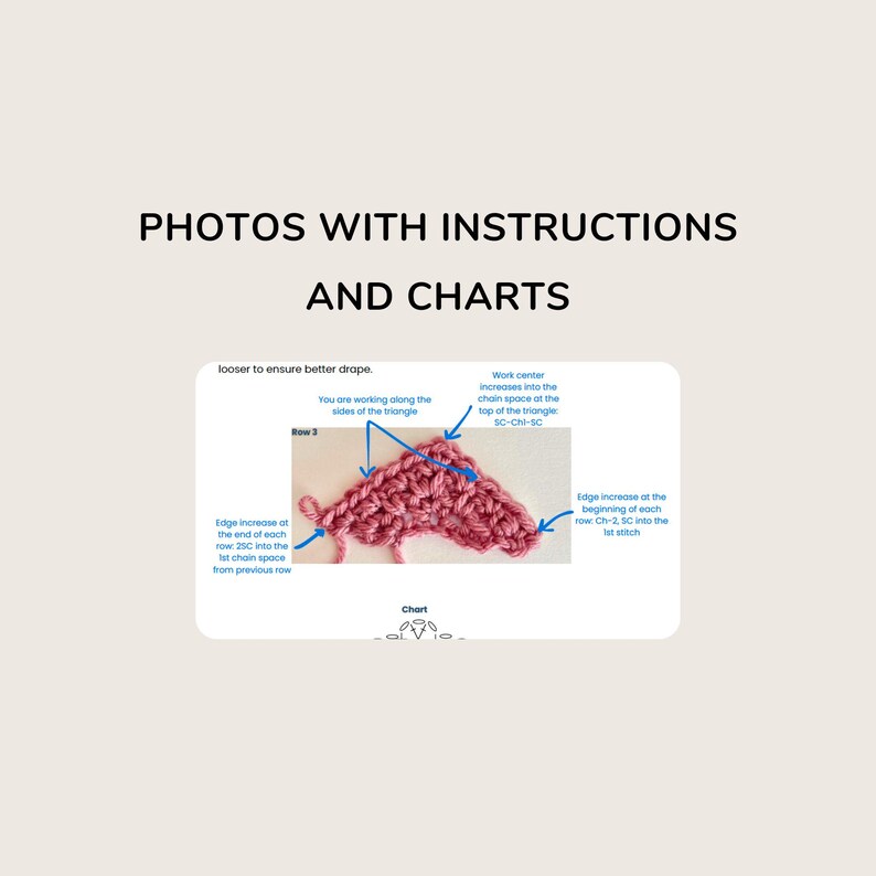 May include: Image of a crochet project with instructions and charts. The image shows a close-up of a pink crocheted triangle with arrows pointing to different areas, labeled with text. The text includes phrases like "Edge increase" and "Work center increases."