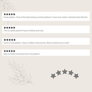 May include: A light beige background with customer reviews and star ratings. The reviews praise the crochet pattern for being easy to follow and cute. One review mentions the pattern looks like knit.