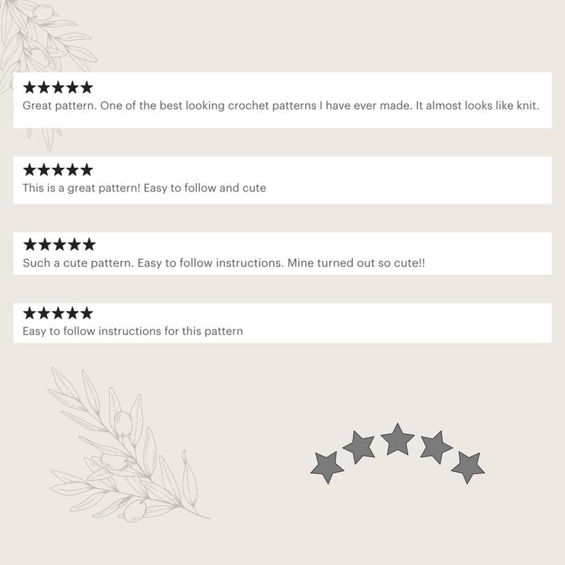 May include: A light beige background with customer reviews and star ratings. The reviews praise the crochet pattern for being easy to follow and cute. One review mentions the pattern looks like knit.