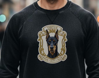 Doberman Crest sweatshirt | Virtus Honor Duty Valor embroidered-style artwork