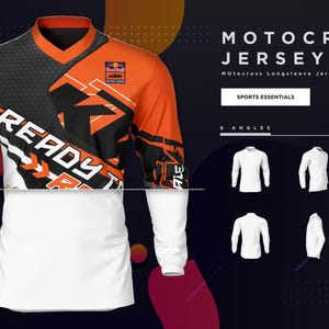 May include: Motocross jersey mockup set. The long-sleeved jersey has a white body with black, orange, and white accents. The jersey has the text "READY TO RACE" and the Red Bull KTM logo. The image also shows six different angles of a white long-sleeved shirt.