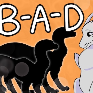 Puede incluir: Ilustración con la palabra "B-A-D" en letras blancas sobre un fondo naranja. Siluetas negras se encuentran frente a una criatura gris claro con acentos morados. El dragón mira a las figuras negras.