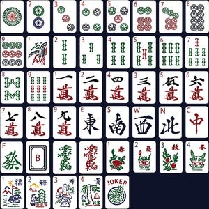 May include: A comprehensive set of Mahjong tiles arranged in a grid, featuring various suits including circles, bamboo, characters, winds, dragons, seasons, flowers, and a Joker tile, all displayed with clear, colourful traditional iconography.