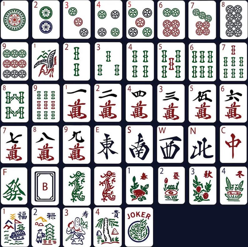 May include: A comprehensive set of Mahjong tiles arranged in a grid, featuring various suits including circles, bamboo, characters, winds, dragons, seasons, flowers, and a Joker tile, all displayed with clear, colourful traditional iconography.