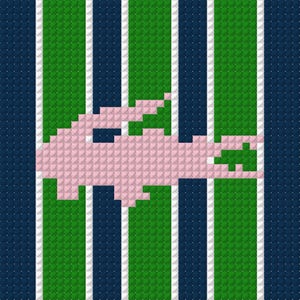May include: A pixelated pink fish design on a green and blue background with white stripes. The image has a cross-stitch or pixel art style, with a repeating pattern of small squares.